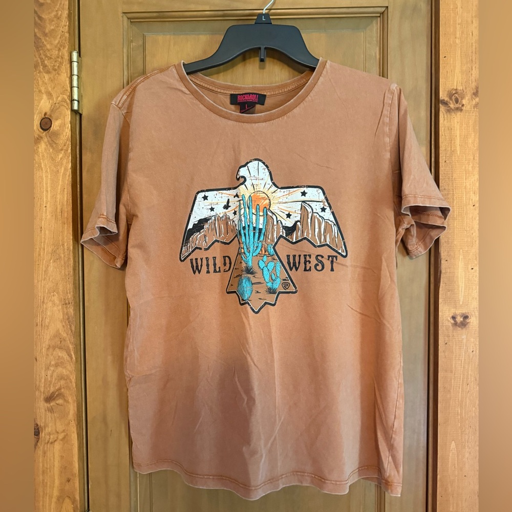 Rock & Roll Denim Graphic Tee — Rust Brown & Hot Pink Accents